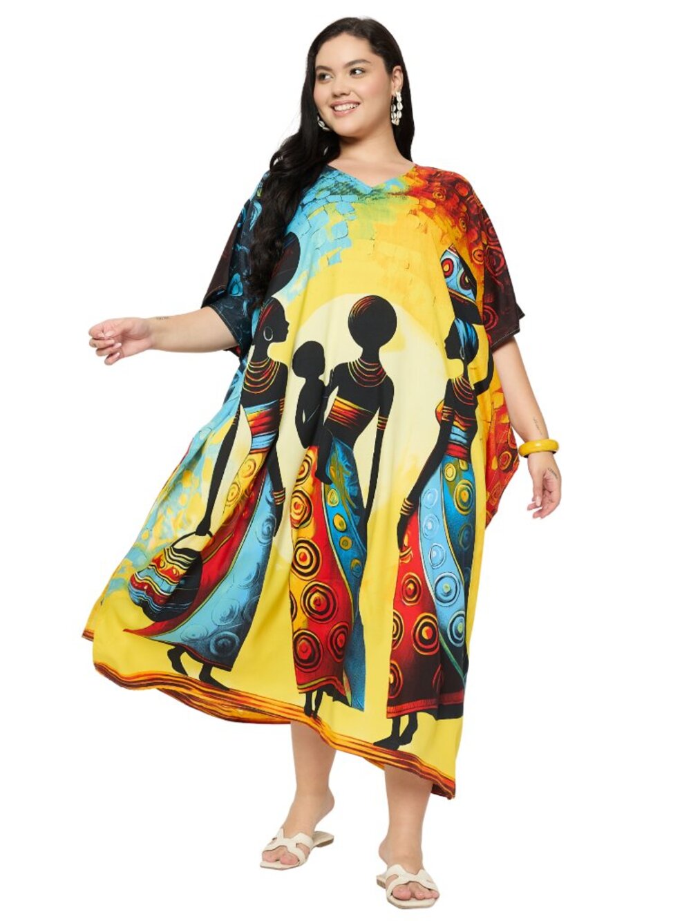 Lady Tribal Printed Polyester Plus Size Caftan Dress Summer Wear Maxi Dresses